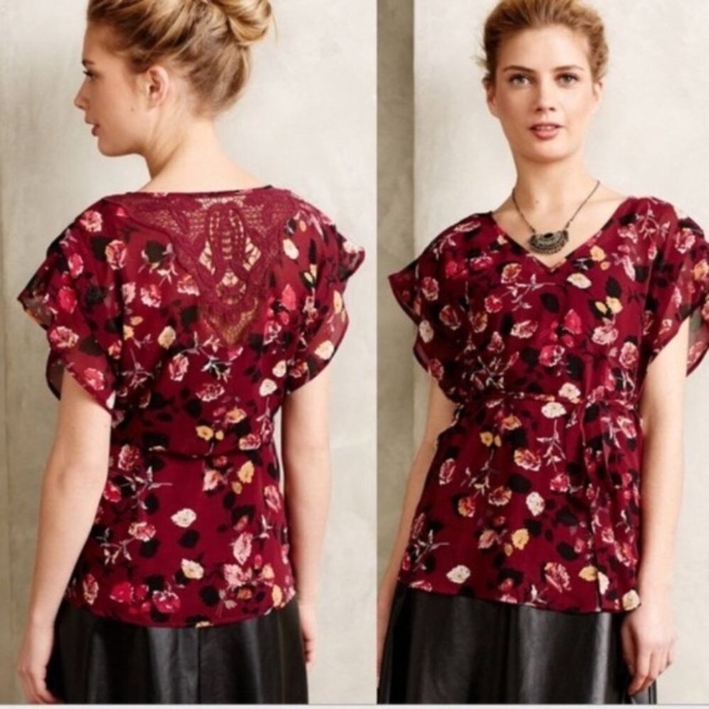 ANTHROPOLOGIE Meadow Rue Rose Garden Blouse Womens S Floral Print Top $118 EUC